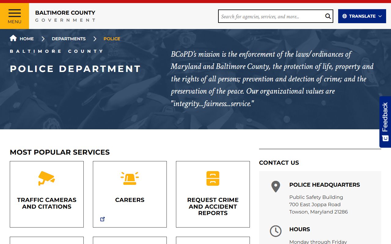 Baltimore County Police Department page for finding arrest records and law enforcement contacts
