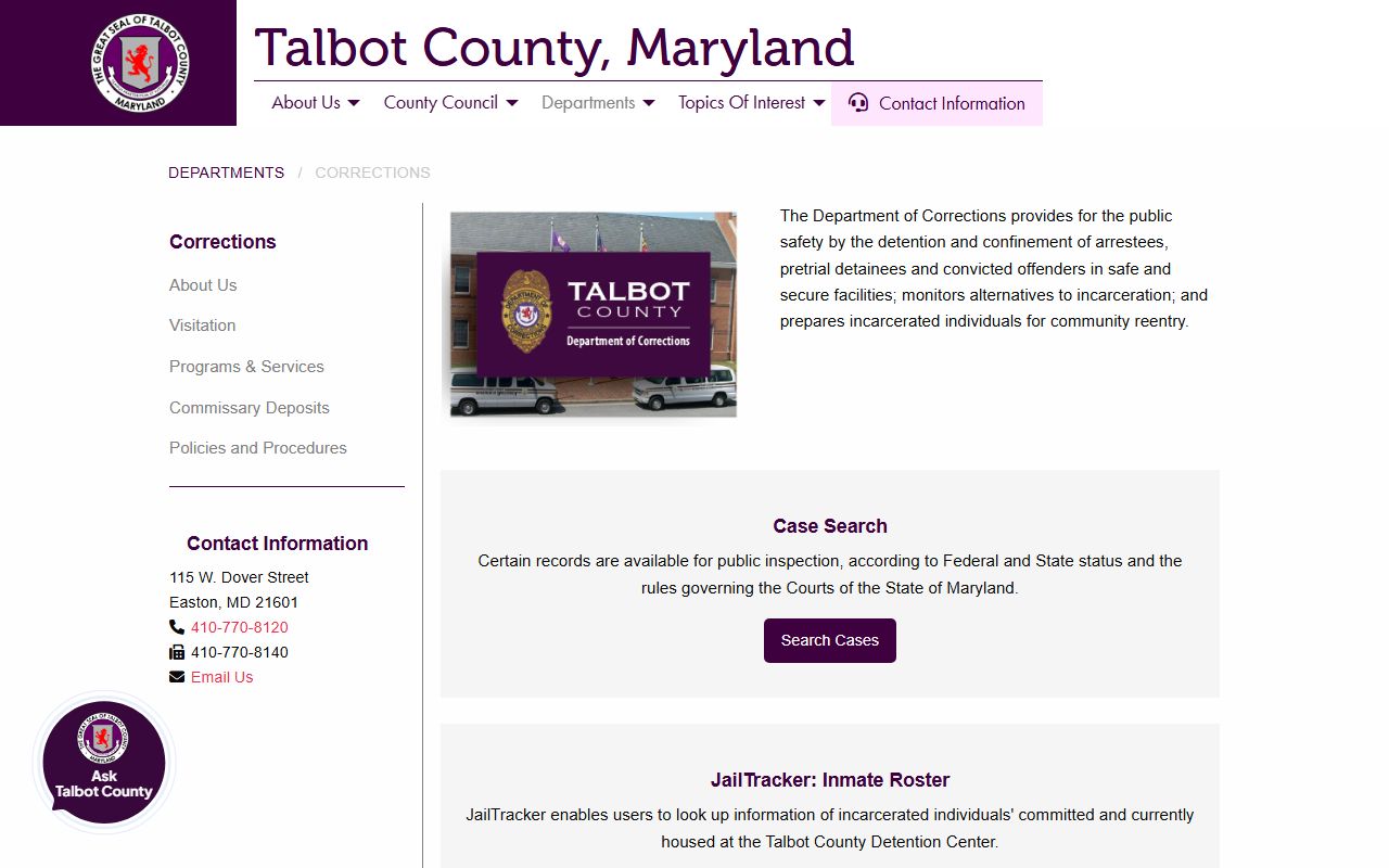 Talbot County Department of Corrections page showing JailTracker inmate roster and arrest record resources