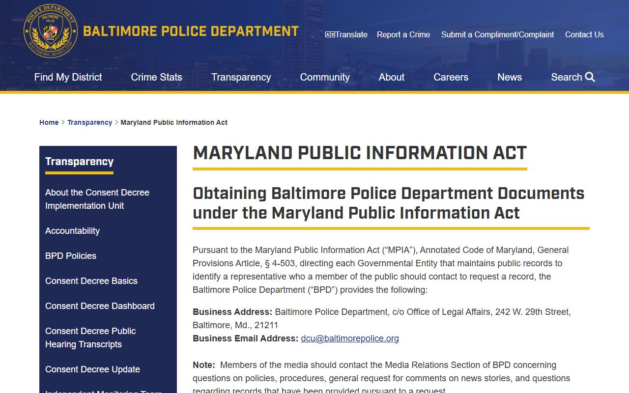 Baltimore Police Department Maryland Public Information Act records request page and available forms