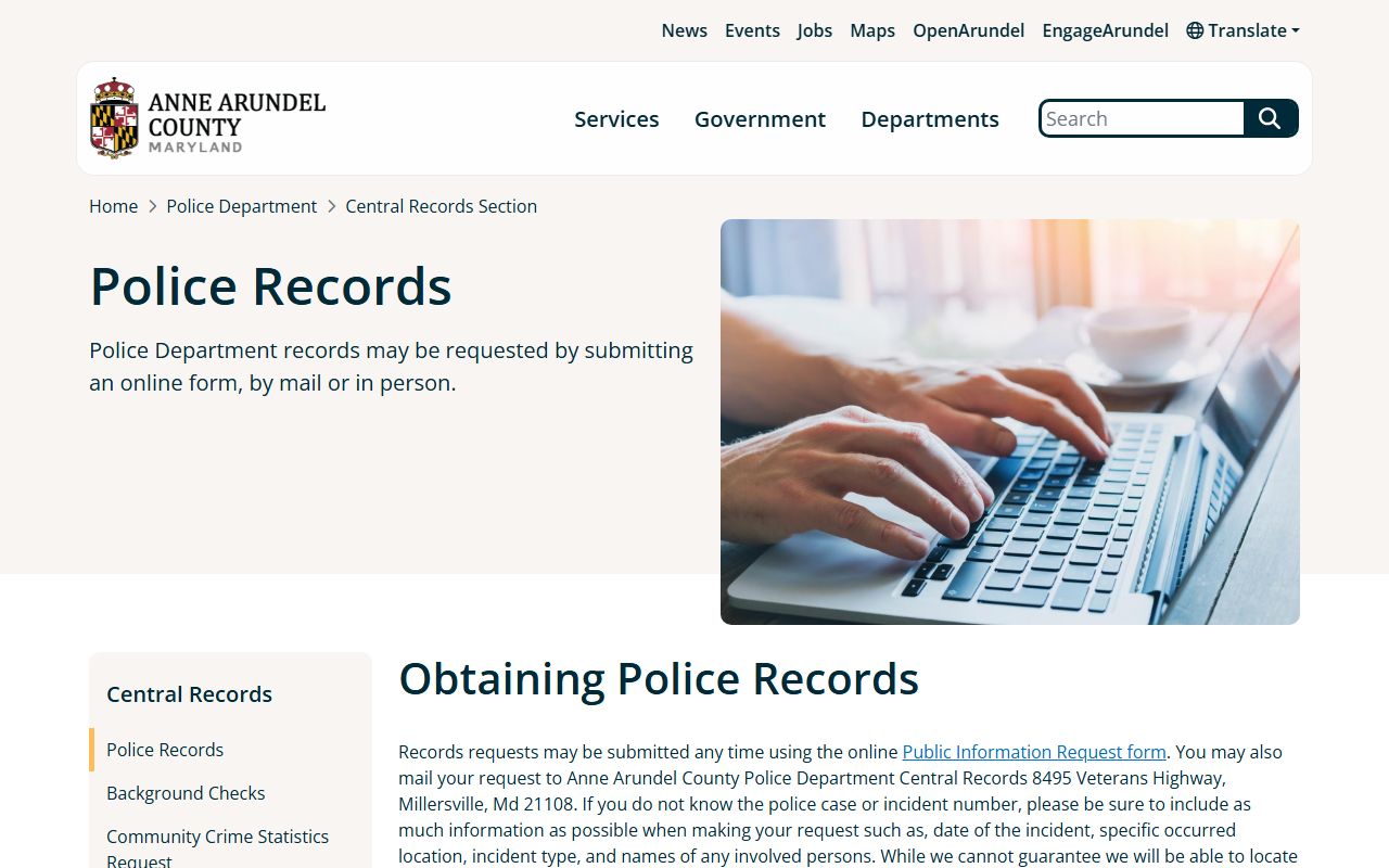 Anne Arundel County Police Central Records page for submitting police records requests