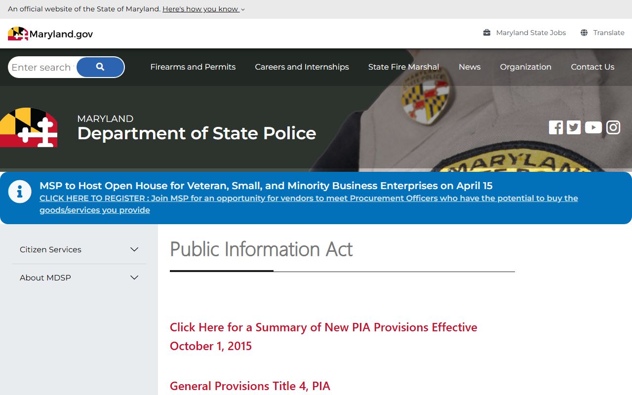 Maryland State Police Public Information Request page for accessing police and crash records