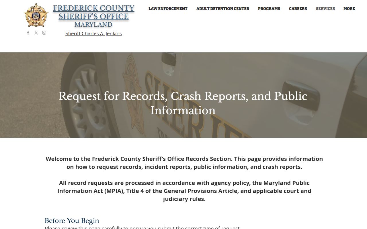 Frederick County Sheriff Office records section page showing GovQuest portal for arrest record requests